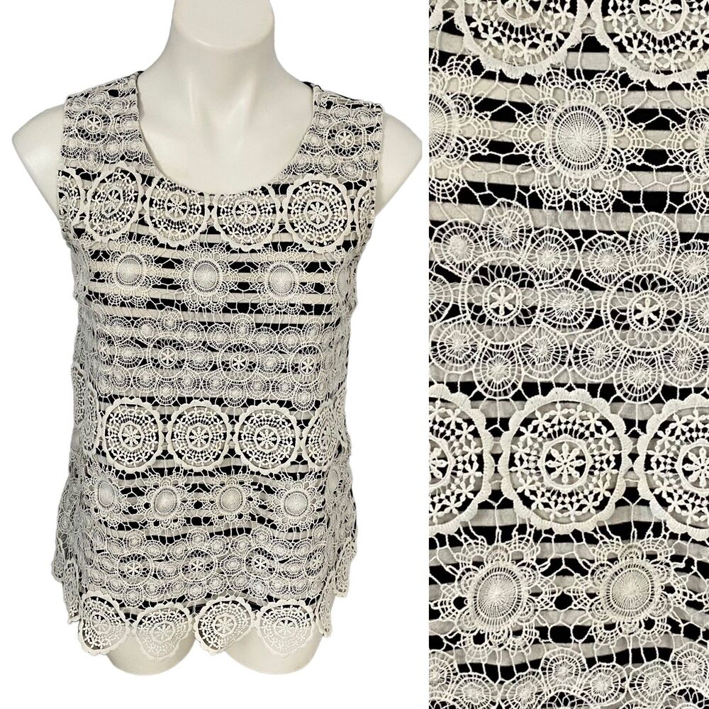 C Oliver Top Women Medium Lace Overlay Blue Stripe Tank Boho Nautical Officecore